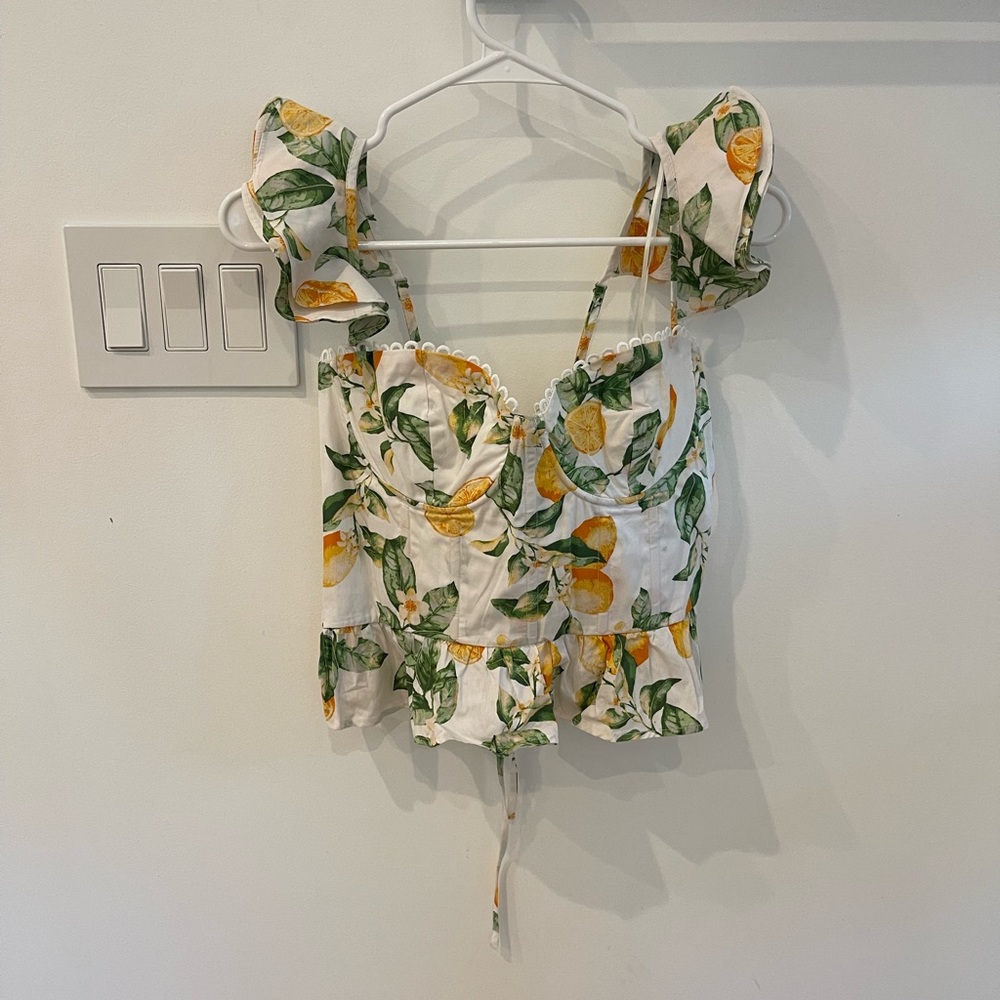 VICI Floral Ruffle Sleeve Top - Cream and Green - Picture 2 of 3